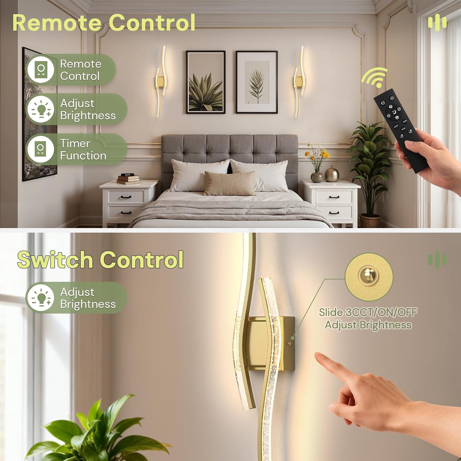 L LOHAS LED Battery Operated Wall Sconces Set of 2, Gold & Bubble Acrylic Rechargeable Sconces 3CCT, 10000mAh, 31.6 Inch Dimmable Wireless Wall Lights, Sconce Wall Decor for Bedroom, Living Room