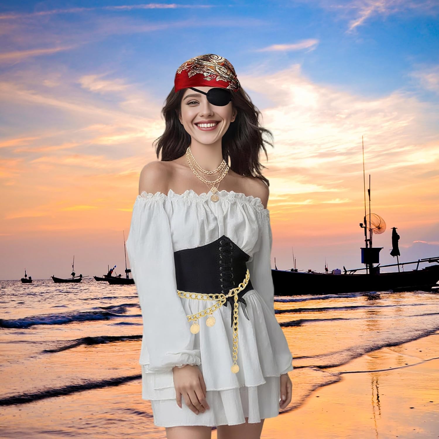 YMO Pirate Accessories for Women, Pirate Costume Women for Bandana Corset Chain Belt Necklace for Cosplay Party - Image 5