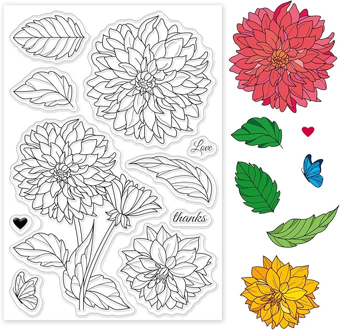 INFUNLY Dahlia Stamp Set Flower Rubber Stamps for Crafting