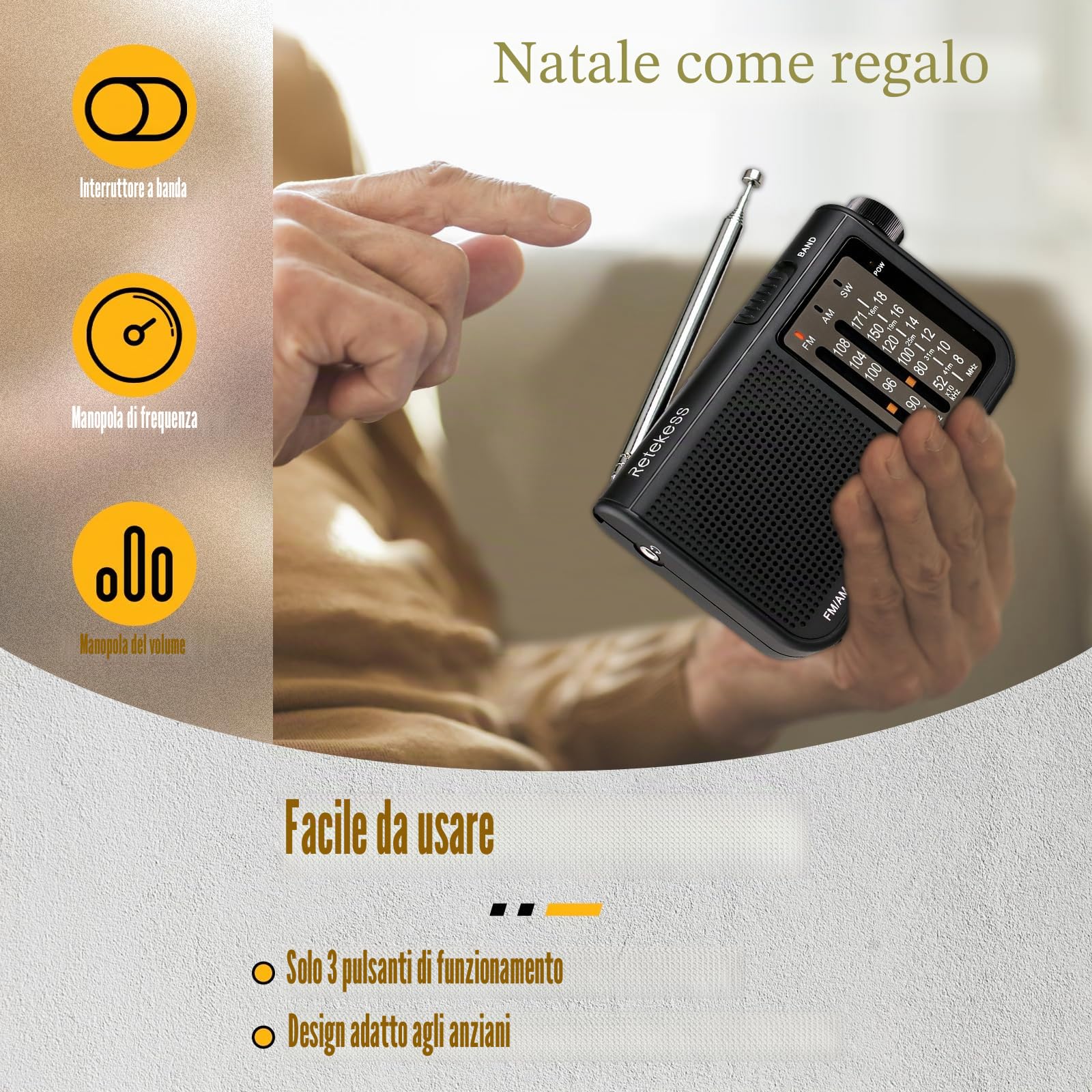 Retekess V117 Radio Mini,Radiolina Portatile AM FM SW,Radio a Pile,Auricolare,Con un'Eccellente Qualità del Suono,Camping,per Anziani (Nero)