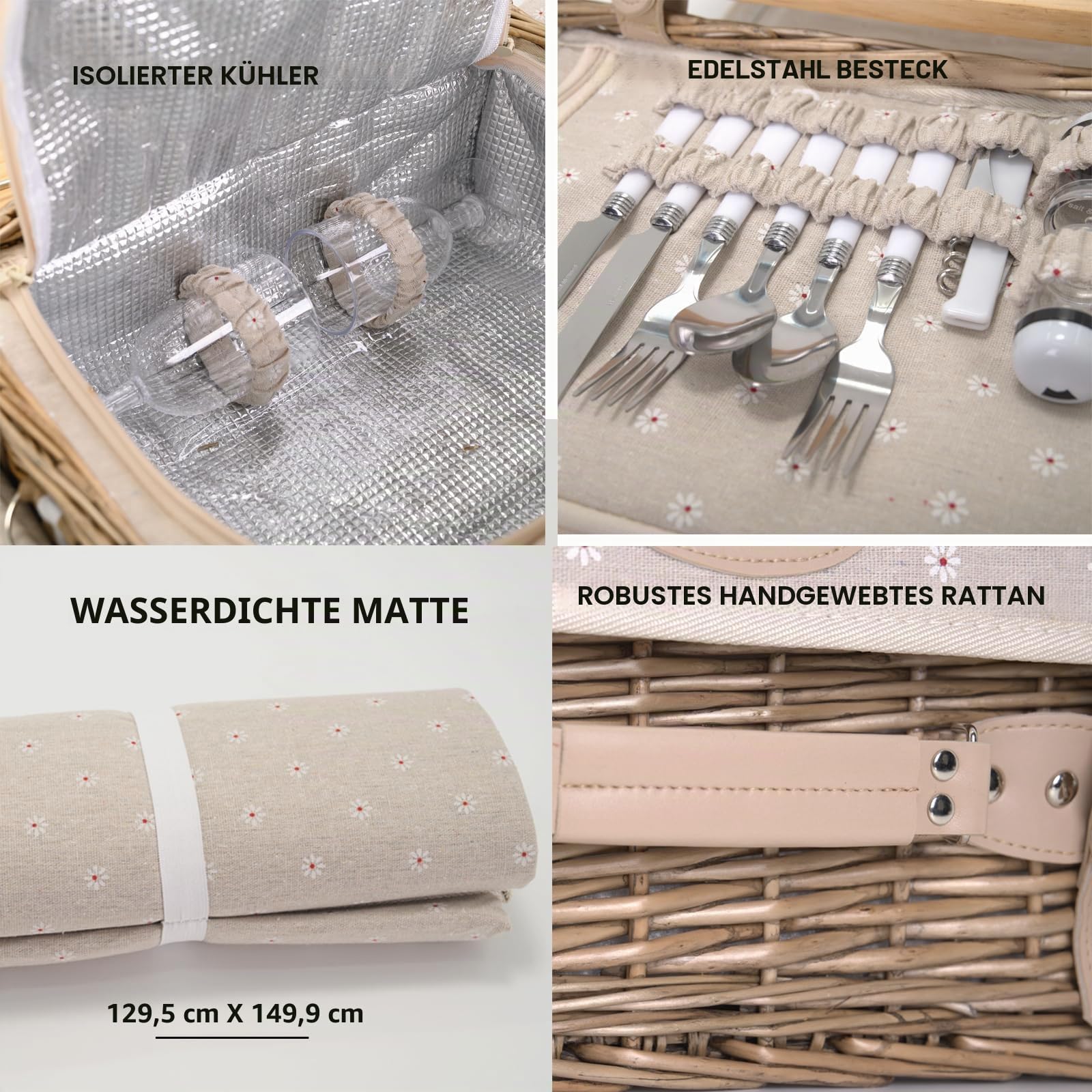 Multifunktionales Weiden-Picknickkorb-Set für 2 mit Decke und Picknicktisch, isoliertes Picknick-Set mit vollem Geschirr für Camping Outdoor Paare, Blumen