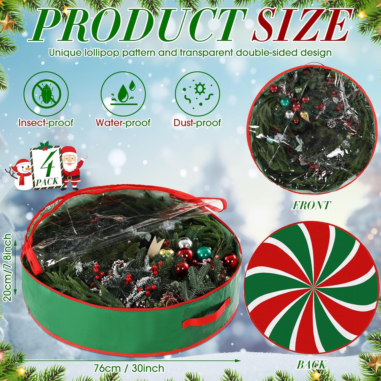 4 Pack 30 Inch Wreath Storage Containers, Hard Shell Garland Storage Bags with Handle Dual Zipper, Large Red Green Round Storages Box for St. Patrick's Day Wreath