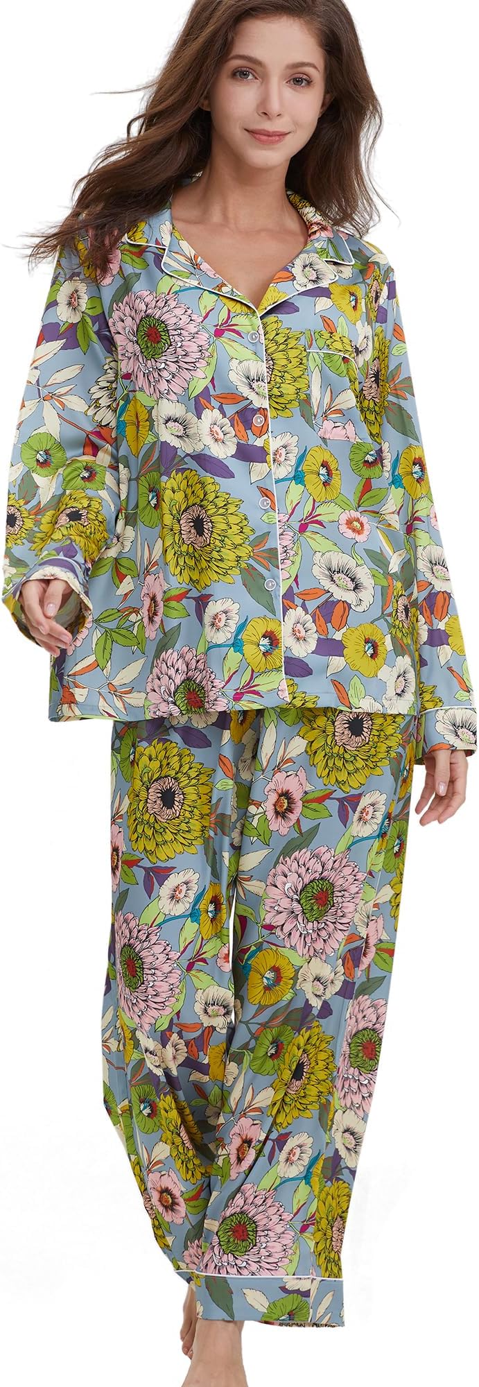 Womens Silk Satin Pajamas Set Button Down 2 Piece Pjs Long Sleeve Oversized Sleepwear with Pockets
