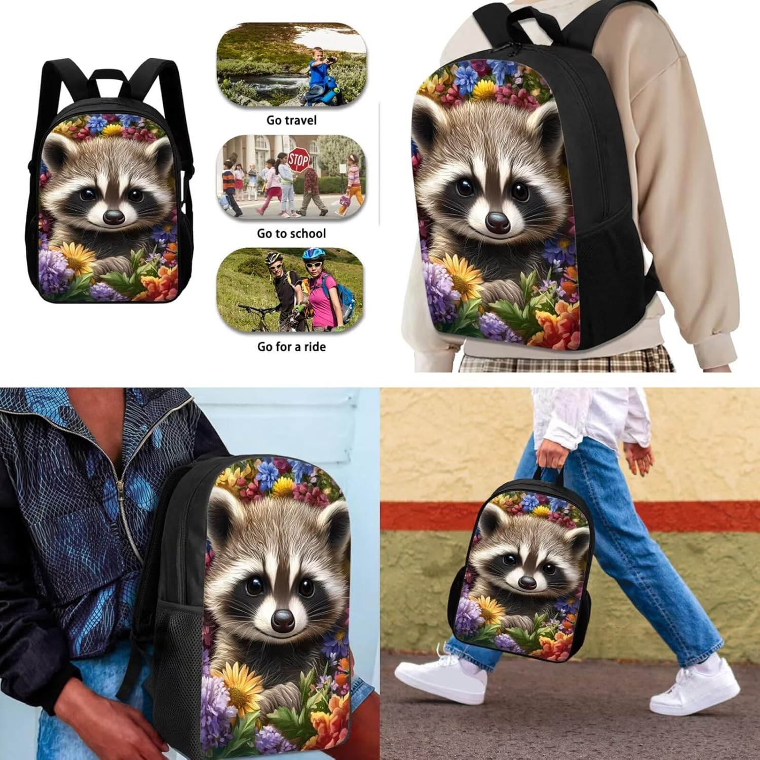 Cute Raccoon Kids Bookbag with Lunch Box Girls 4-6 Adjustable Strap Backpack for School Kids Girls Large Capacity School Bag Set for Preschool Kindergarten Casual Travel Backpacks for Travel