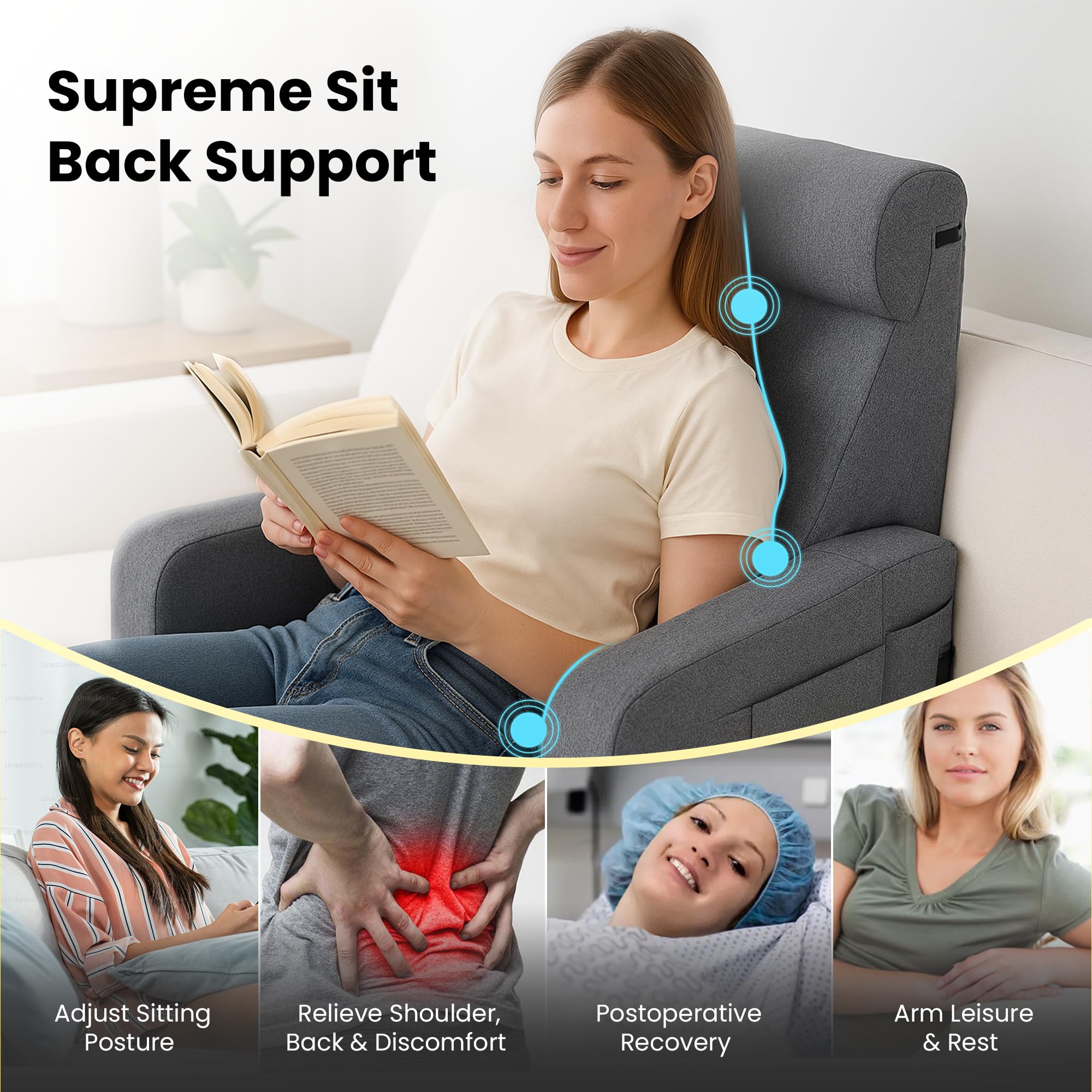 CareFoam Reading Pillow with Arm Support & Headrest | Backrest Pillow for Bed | Memory Foam Bed Back Support Pillow for Reading, Working & Relaxing | Premium Fabric 3