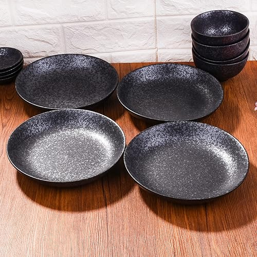 Miniatura 4 de Juego de 4 platos japoneses de cerámica negra de 8 pulgadas para ensaladas, pasta, queso, jamón, antipasti, microondas y lavavajillas