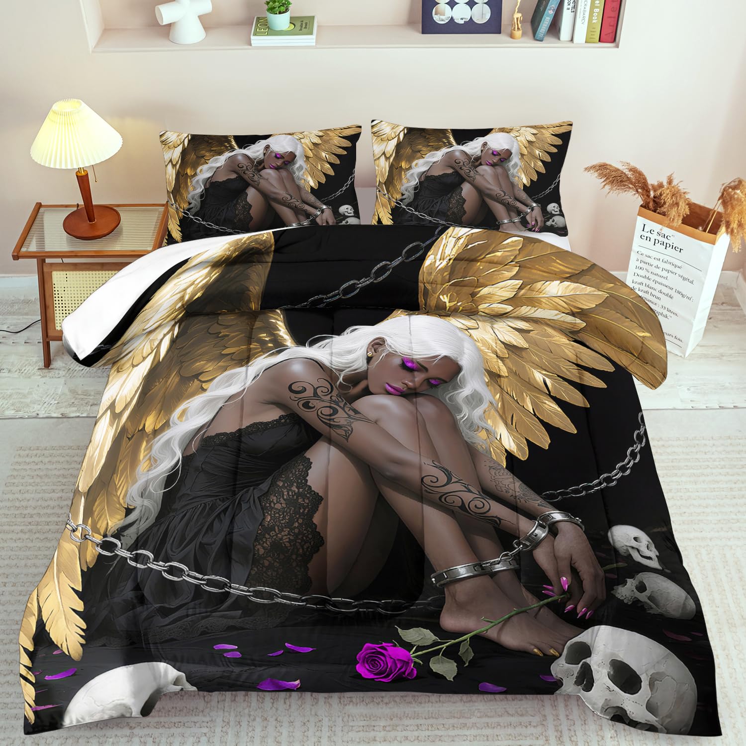 Golden Angel Wings Comforter Set Full Girls Black Goth Comforter Set Adult Gold Goth Fashion Bedding for Women Angel Wings Bedding Quilt Skull Decor for Home Elegant Home Decor Bedroom