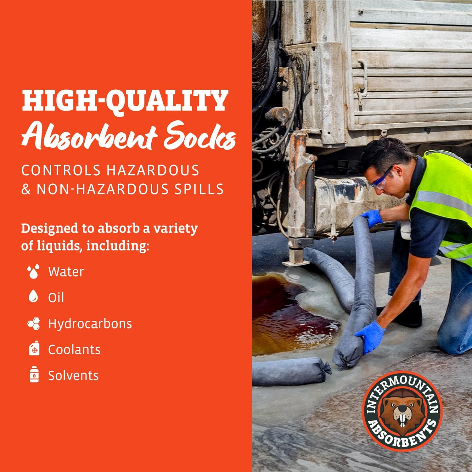 Intermountain Absorbents Universal Absorbent Socks - 3"x8' (3 Pack) 1 Gallon per Sock - Oil Spill Flood Barriers for Home Exterior, Water Socks & Oil Cleanup Absorbers, Garage Flood Barrier