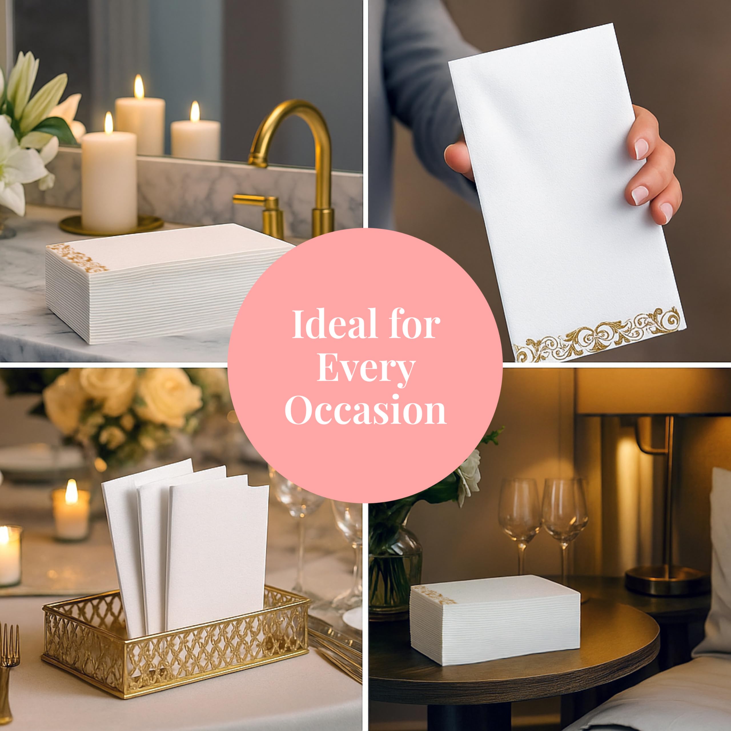 Prestee Paquete de 200 toallas de papel desechables para baño, elegantes servilletas de papel con tacto de lino, toallas decorativas blancas y doradas para baño, bodas y fiestas, calidad de élite y