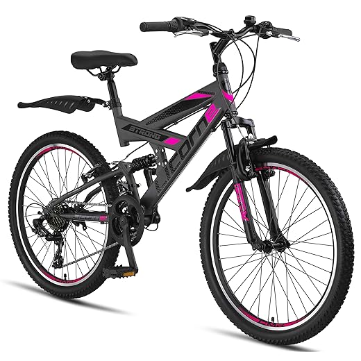 Licorne Bike VTT en V de qualité supérieure de 24 et 26 pouces - Vélo pour garçons, filles, femmes et hommes - 21 vitesses - Suspension complète