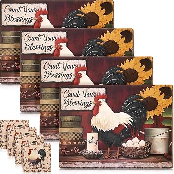 8 Sets Rooster Cork Placemats with Coasters Include Cork Backing Table Mats and Round Coasters Placemats Set for Kitchen Dinner Table Setting Supplies, 12 x 16 Inch