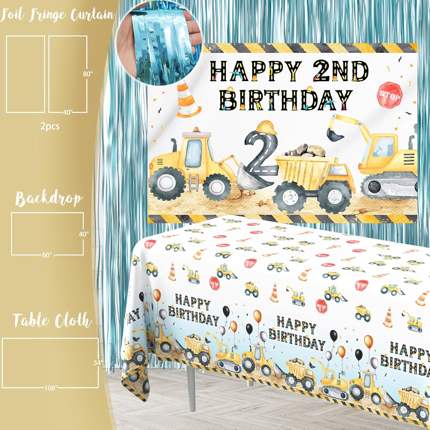 Construction Birthday Party Supplies for 2 Year Old Boy, 2nd Birthday Decorations For Boys, Dump Truck 2nd Bday Backdrop, Cake Toppers, Balloon Garland, Tablecloth, Banner - Image 4