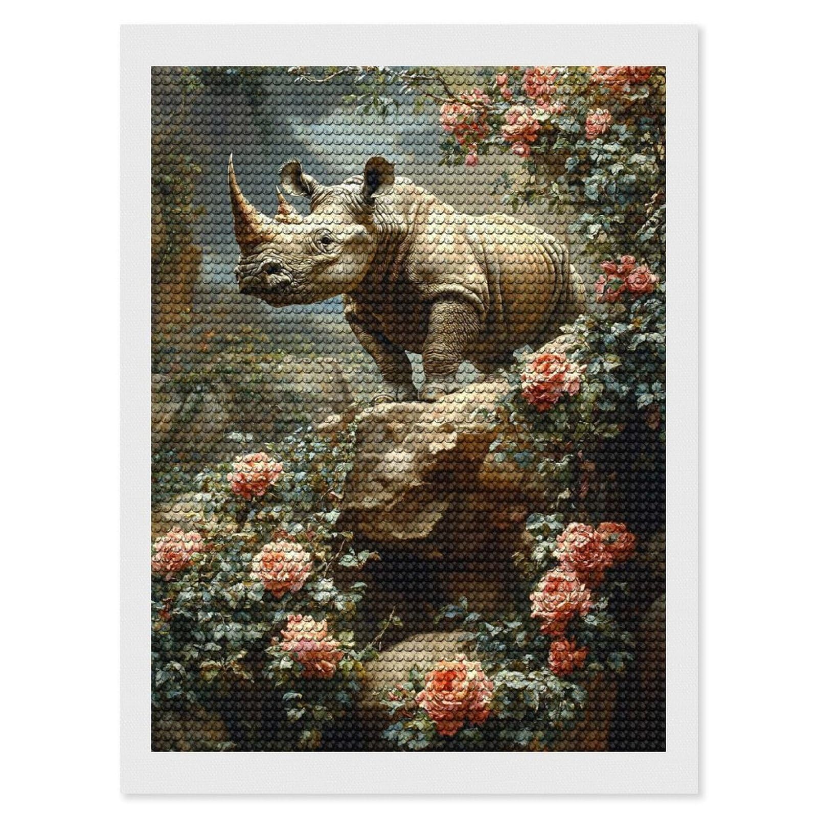 Junmoney Rhinoceros Amidst Blooming Roses Diamond Painting Canvas Set 12"x16", for Beginners, Complete Accessories, Christmas Gift, Modern Decor