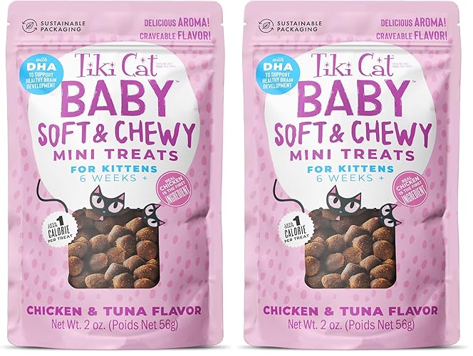 Tiki Cat Baby Soft & Chewy, Chicken Flavored, Low-Calorie, Mini Treats for Kittens 6 Weeks+, 2 oz. Pouch (Pack of 2) - Chicken, Tuna - 1 Pound (Pack of 2)