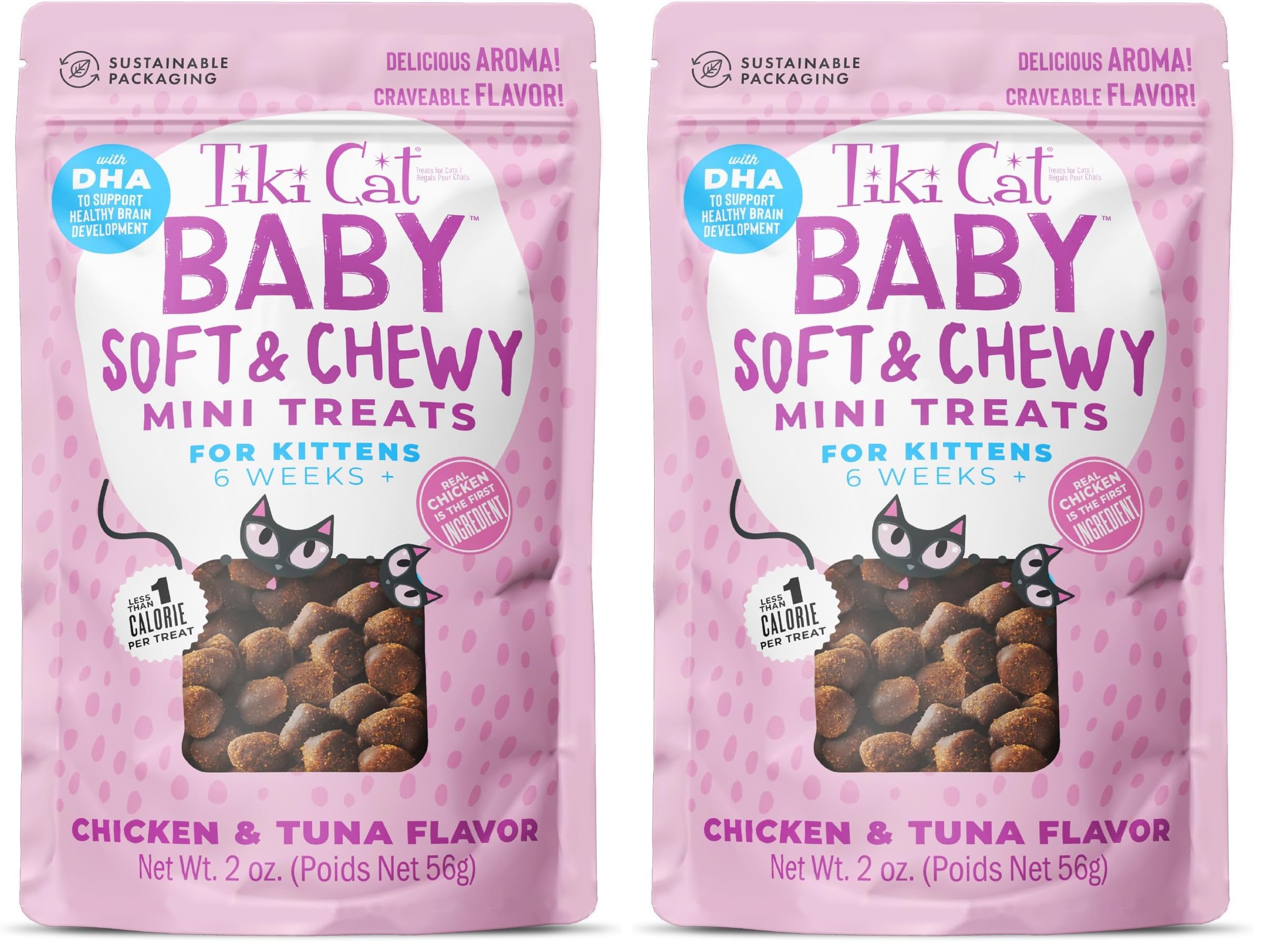 Tiki Cat Baby Soft & Chewy, Chicken Flavored, Low-Calorie, Mini Treats for Kittens 6 Weeks+, 2 oz. Pouch (Pack of 2)