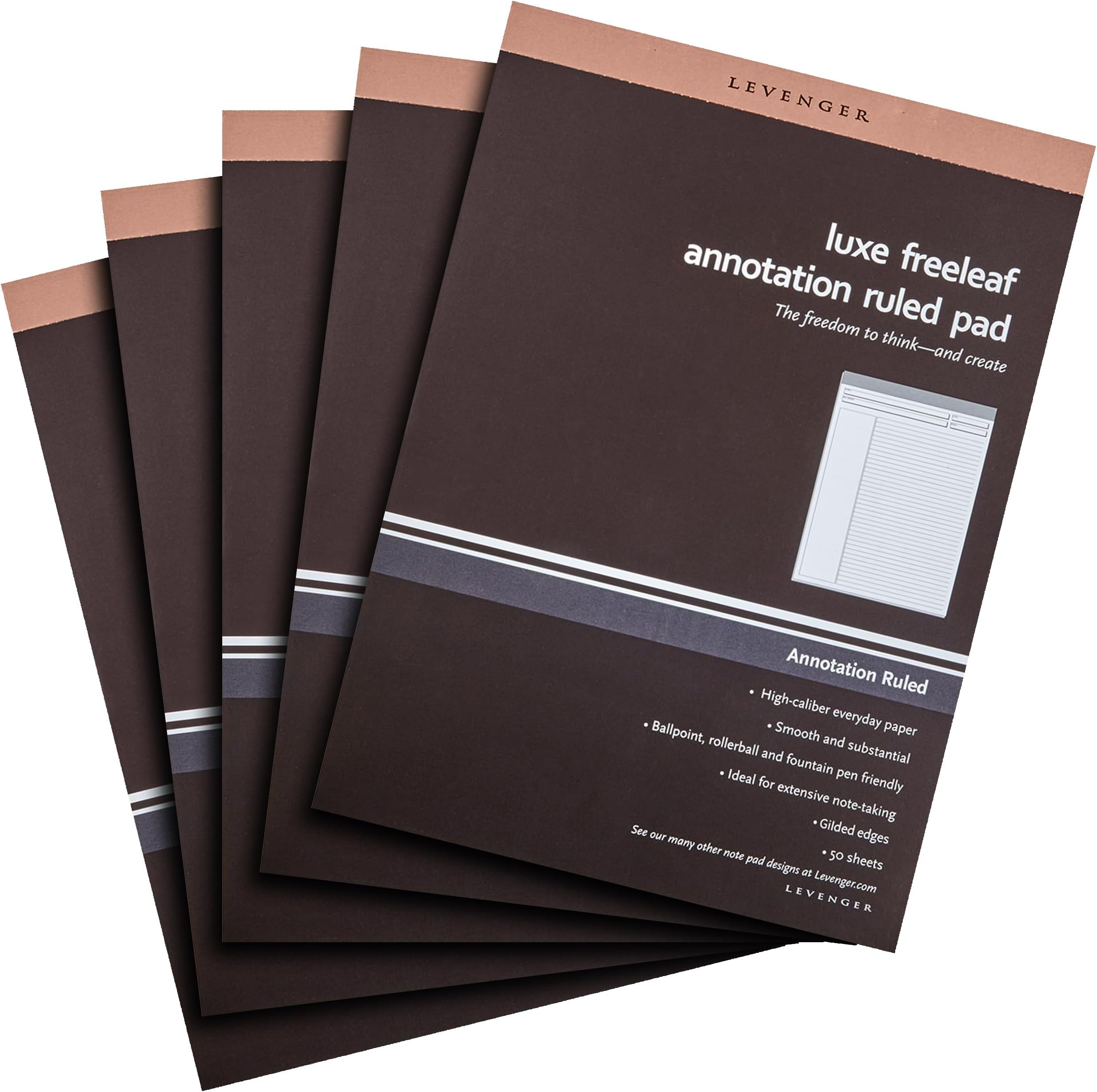 Levenger Freeleaf Luxe Annotation Ruled Writing Pads Lined Gilded Notepad, Compatible with Cornell Note-Taking System, Pack of 5, Rose Gold, Letter