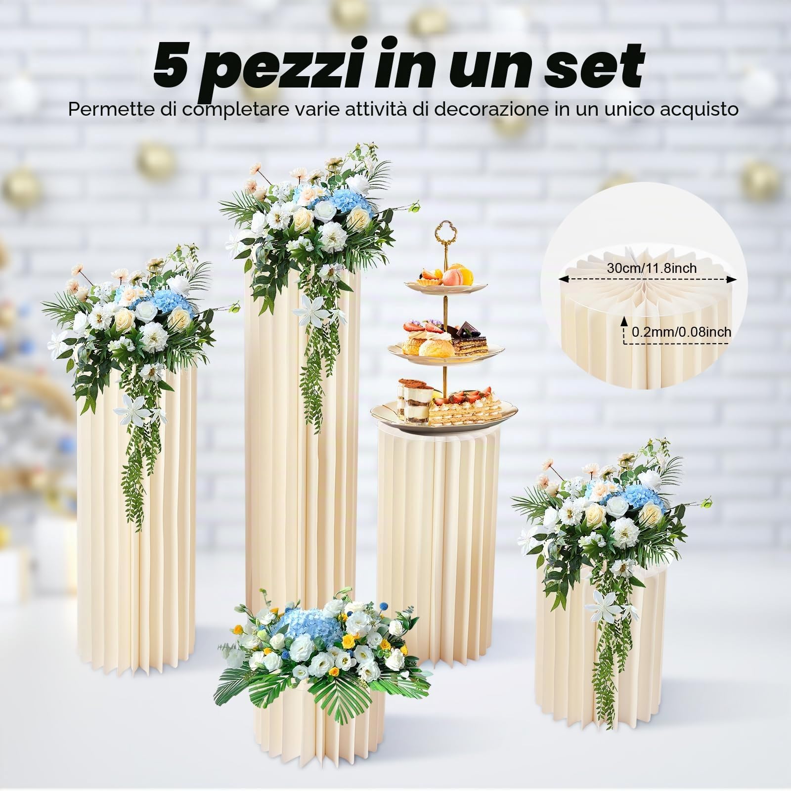 5 pezzi di cartone per matrimonio, colonna di fiori, vaso pieghevole in cartone, display a colonna con coperchio in acrilico, supporto per fiori pieghevole, colonna decorativa per matrimonio
