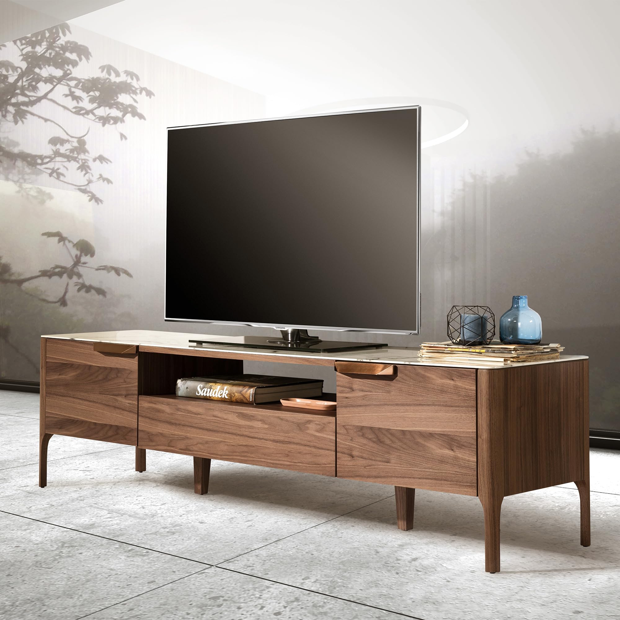 Ángel Cerdá - TV-Ständer aus Nussbaum und Fiberglas mit Marmoreffekt - TV-Ständer aus Holz mit Schublade und Soft-Closing-Türen - modern, langlebig und funktionell - 180 x 45 x 50 cm