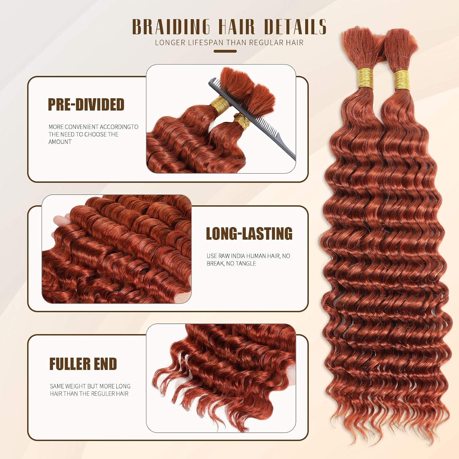 Ginger Water Wave Human Braiding Hair 18 Inch, 16A 100% Human Hair Bundles for Black Women, Soft Curly Crochet Braiding Hair for Bohemian Braids