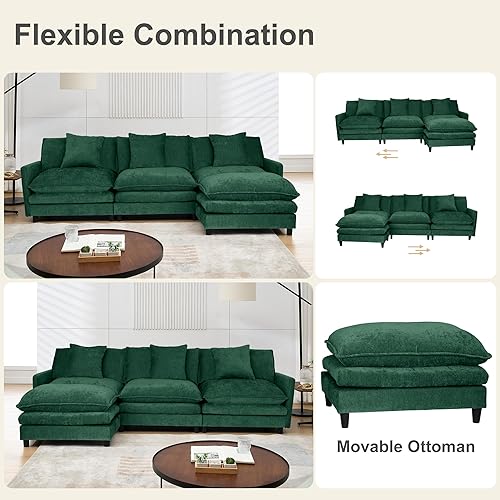 Miniatura 7 de Sofá modular modular, 3 asientos y 1 sofá otomano moderno de pana para sala de estar, cómodos sofás de nube con otomana móvil, combinación de