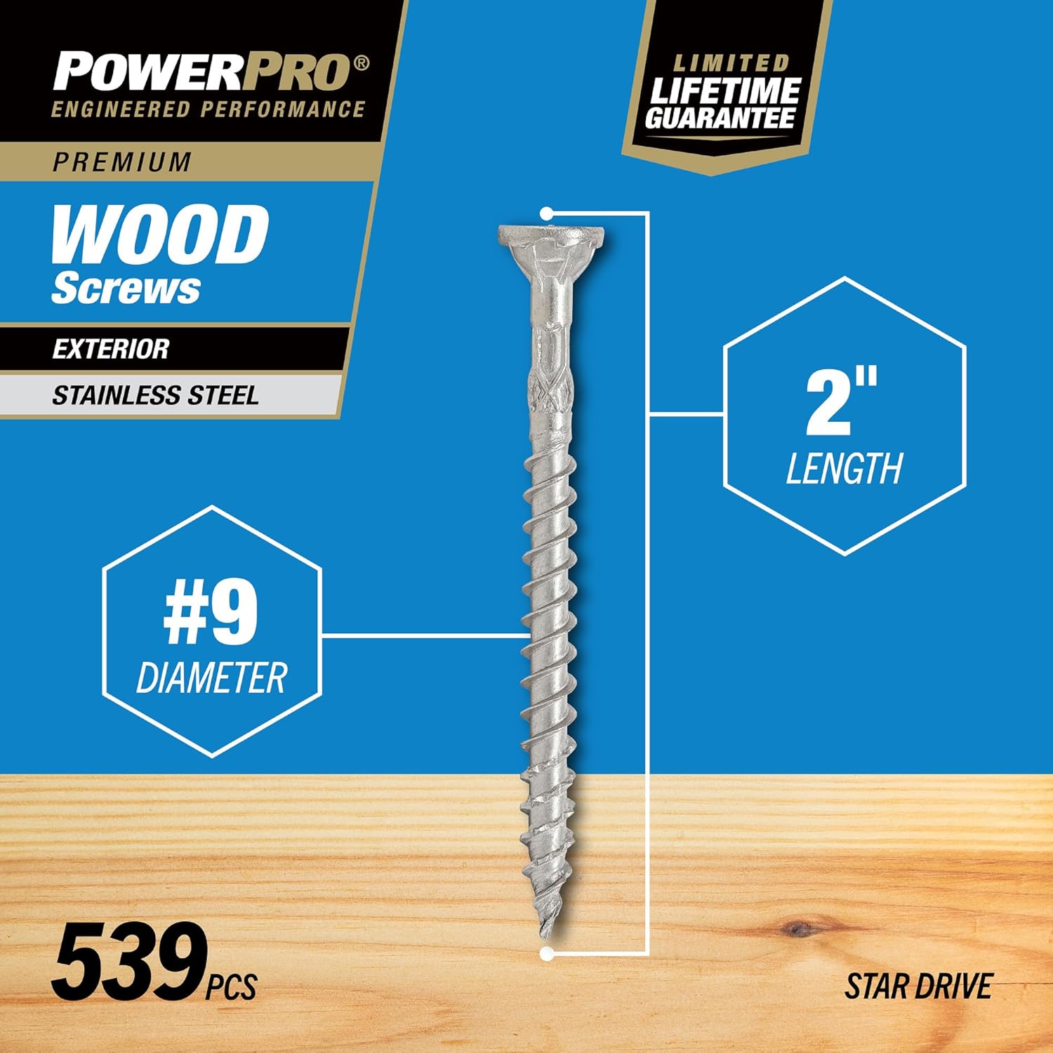 Power Pro 48626 Wood Screws, #9 x 2, Premium Stainless Marine Screws, Rust Resistant, Stainless Steel, 5lb Tub, 630 pcs