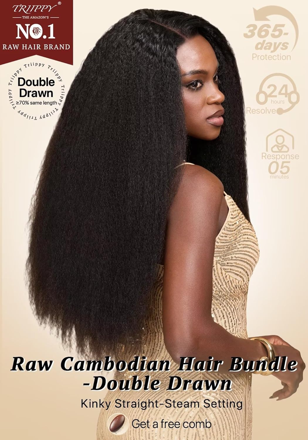 TRIIPPY Raw Kinky Straight Bundles Human Hair,100% Cambodian Raw Hair Sew in Weave Double Drawn 3 Bundles(16 18 20 Inches),3X Lasting And Durable Over Virgin Hair Bundles,No.1 Raw Hair Brand On Amazon