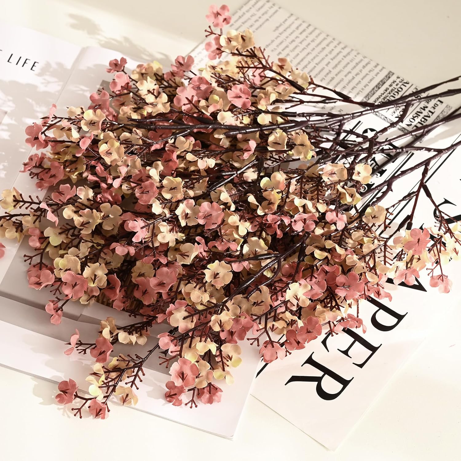 Waipfaru 6Pcs Fake Flowers Babys Breath Silk Artificial Flowers Gypsophila Bouquets Bulk Real Touch Fall Stems for Home Boho Living Room Bedroom Decor DIY Floral Arrangement, Beige Brown - Image 4