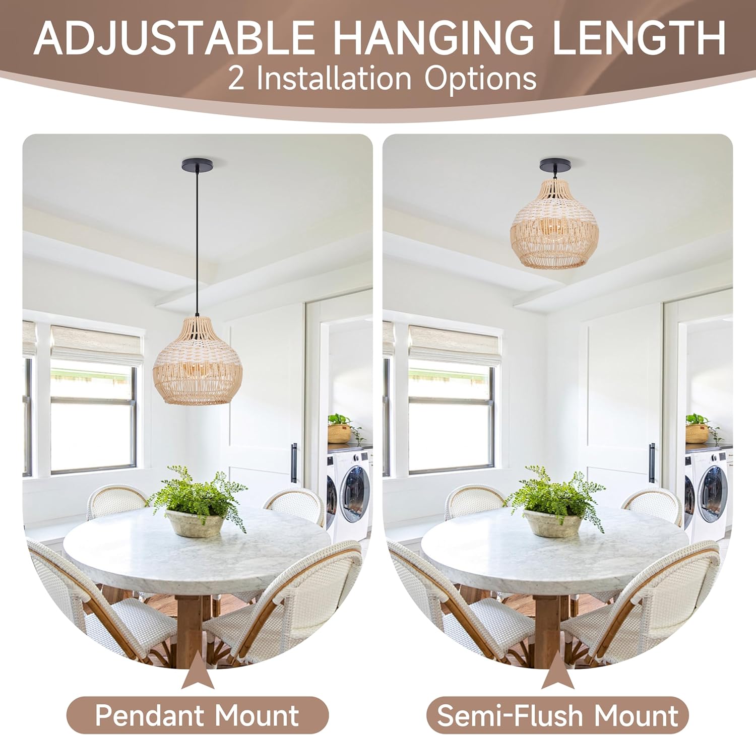 9.8" Rattan Woven Pendant Light, Adjustable Coastal Lamp Shade, Farmhouse Small Chandelier Vintage Hanging Lighting Fixture for Kitchen Island Bedroom Dining Living Room