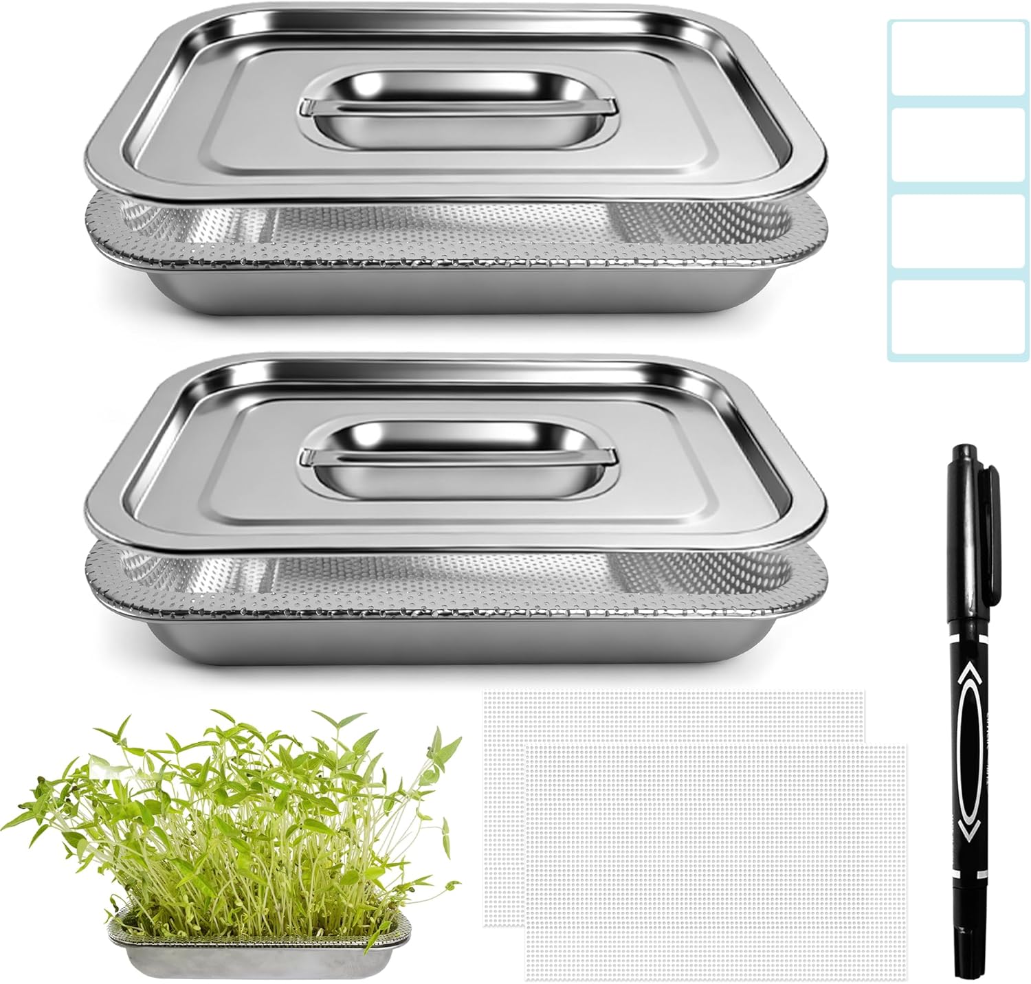 2 Pack Stainless Steel Seed Sprouter Trays, 2-Tier Soil-Free Microgreens Growing Kit, Sprouting Tray with Cover Lids & Mesh Pads for Sprouts Beans Alfalfa Wheatgrass