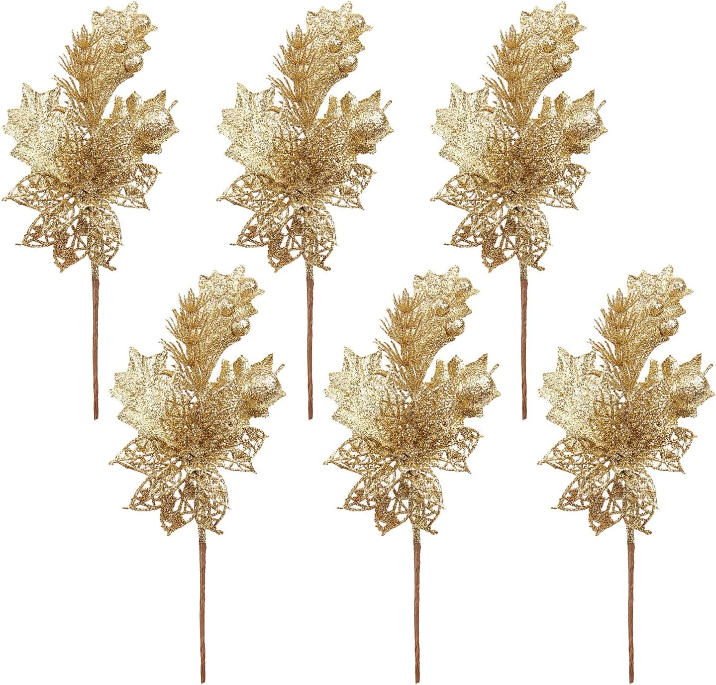 WIVAYE 6Pack Gold Glitter Christmas Tree Picks, 9inch Glittery Artificial Berry Picks with