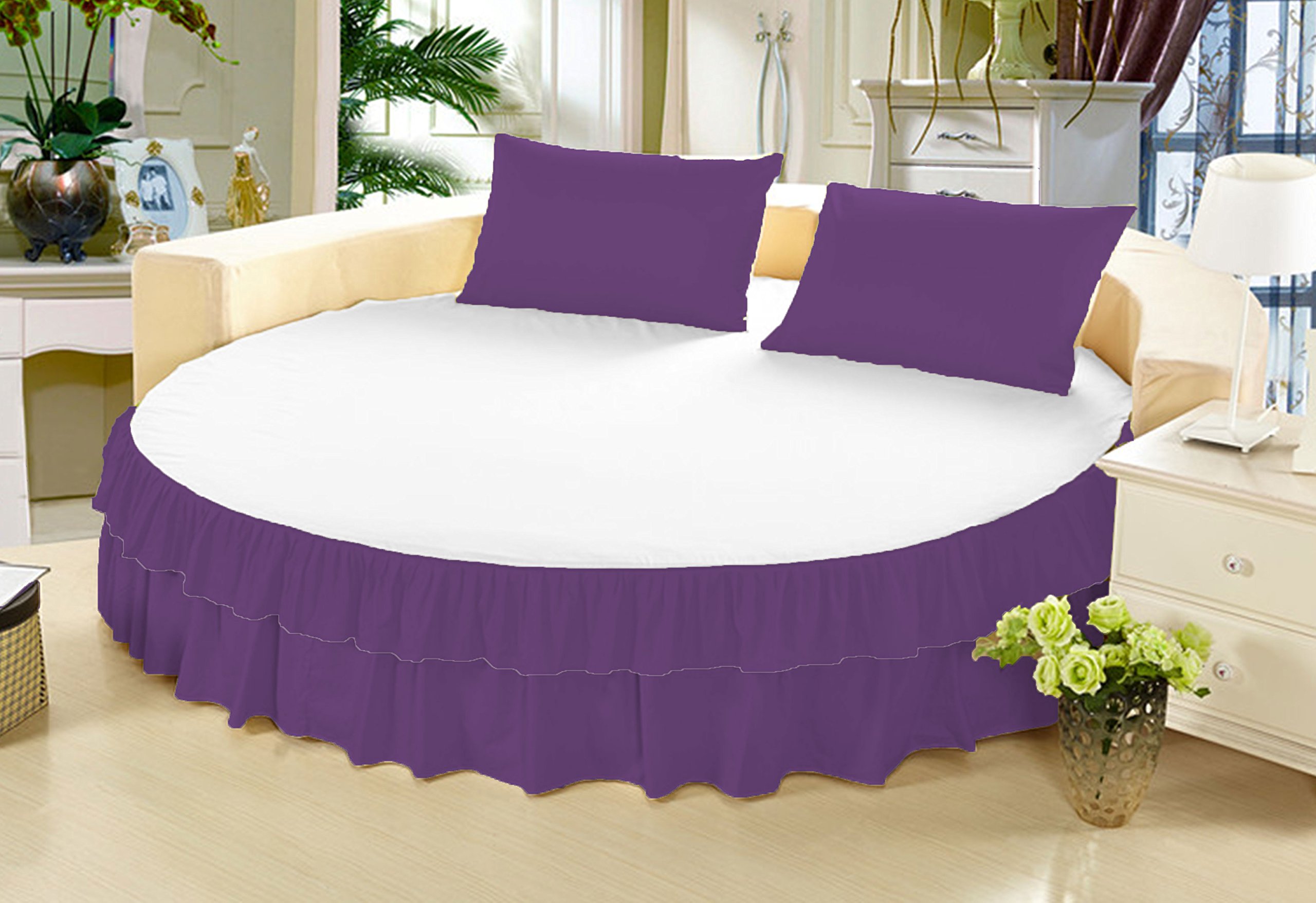 Falda de cama redonda morada de 243 cm en algodón egipcio con doble volante