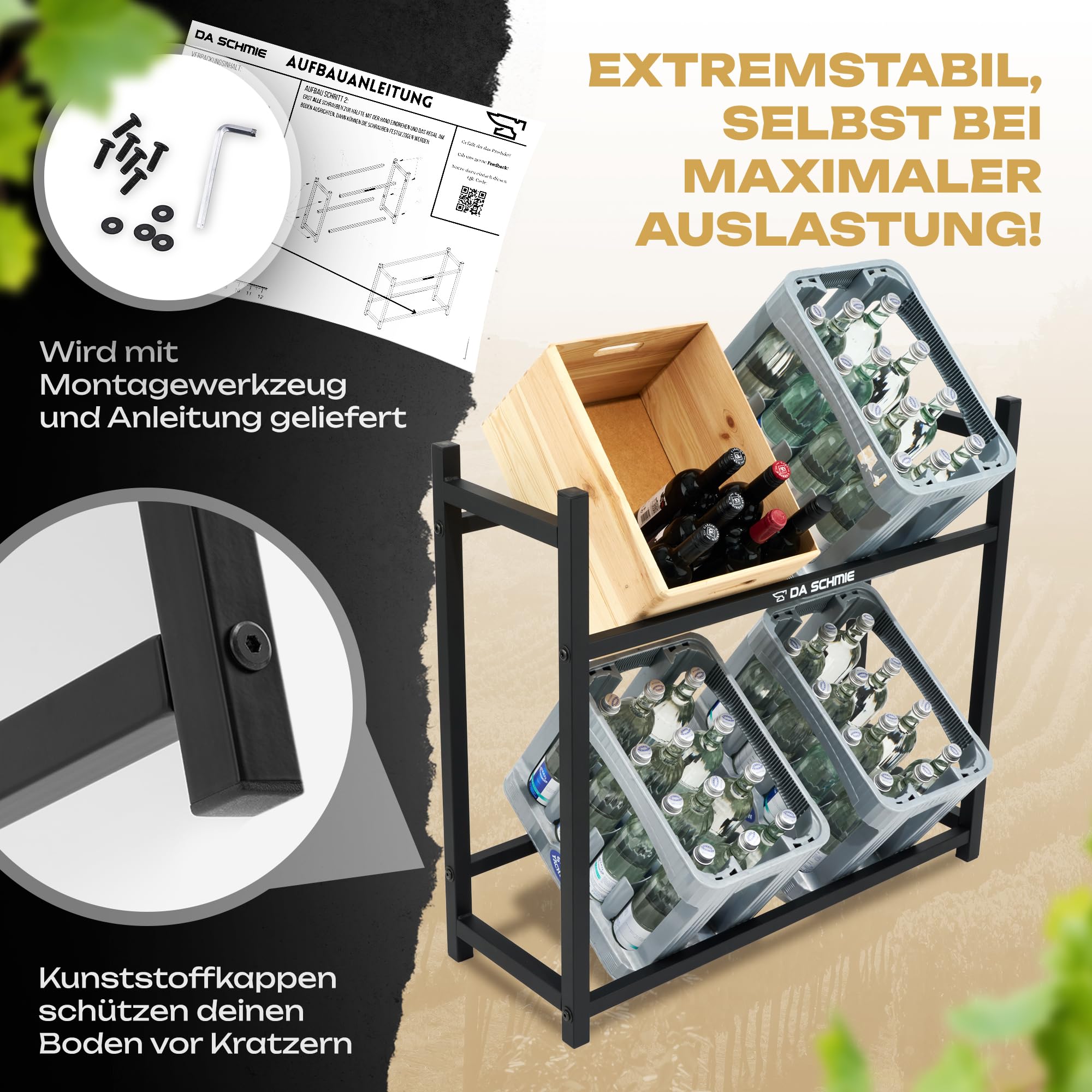 Getränkekistenregal für 4 Kisten stabil und robust Getränkeregal Kistenregal Bierkistenregal Wasserkastenregal Kastenregal Lagerregal Schwarz Metall