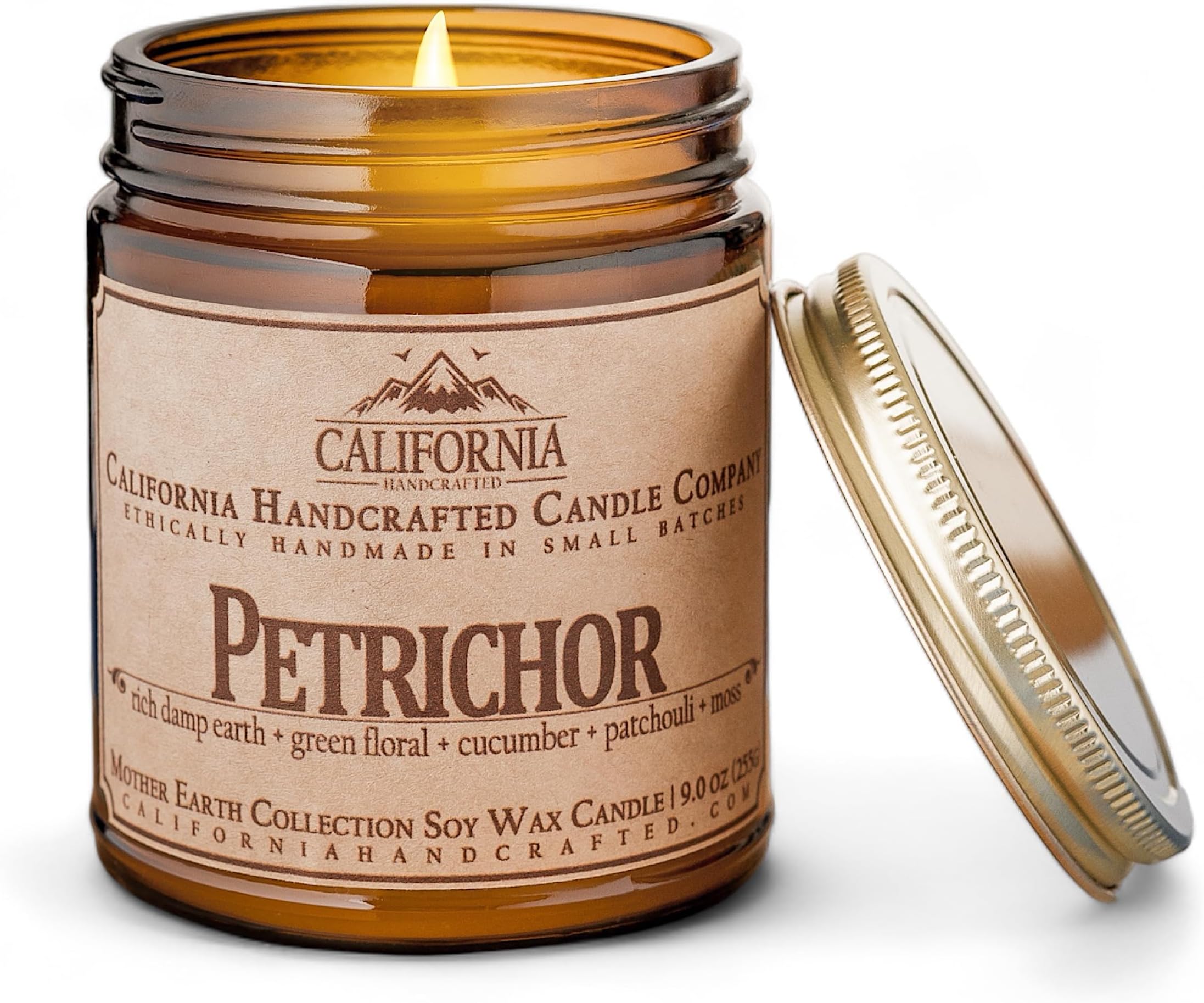 Petrichor Scented Soy Wax Candle | Rich Damp Earth + Green Floral + Cucumber + Patchouli + Moss | 9 oz Jar