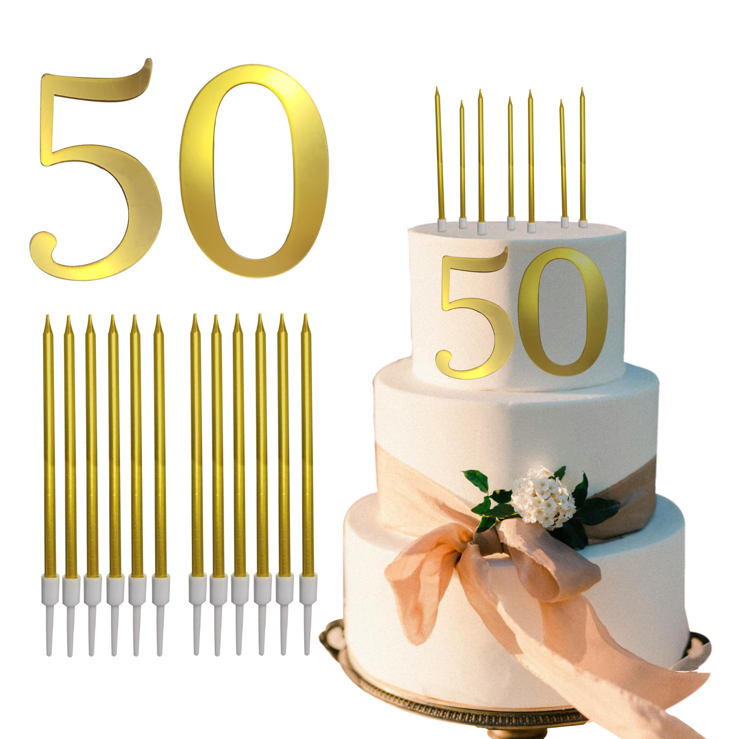 Gold 50 Birthday Cake Topper with Candles for Birthday Cakes Happy 50th Birthday Decorations Number 50 Cake Toppers for Golden 50 Years Old Birthday Party Supplies with 12 Long Thin Metallic Candles