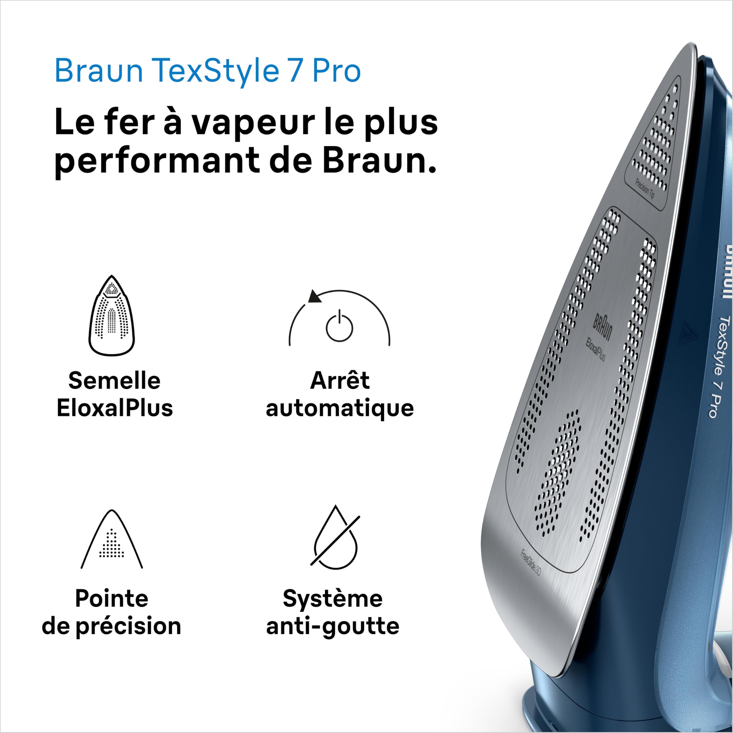 Braun TexStyle 7 Pro SI7160BL, Fer à Vapeur Débit 225g/min, Technologie FreeGlide 3D, Semelle EloxalPlus avec Pointe Précise, Fer à Vapeur Vertical, Capacité d'Eau de 300ml, 3100W, Bleu