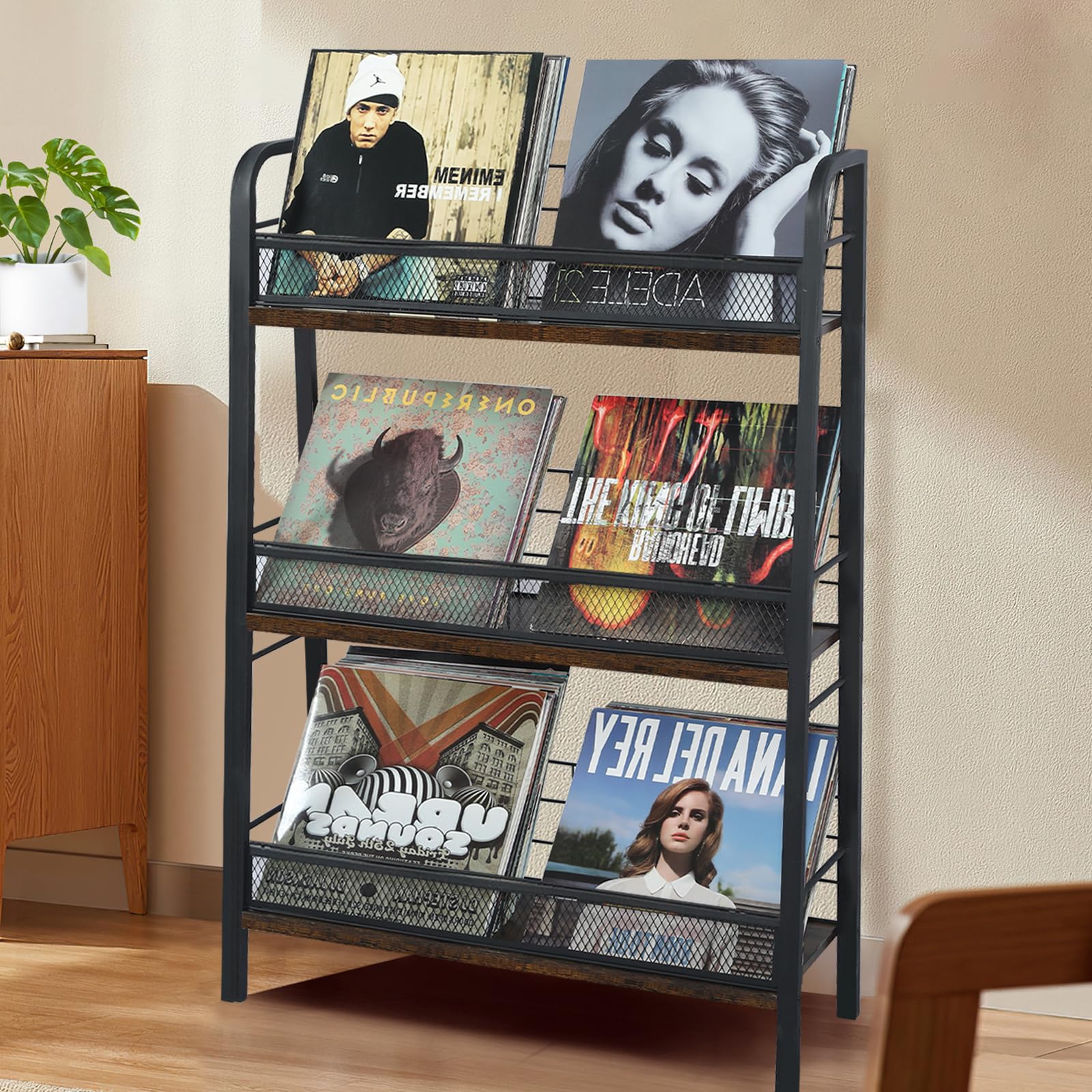 HZE Schallplatten Aufbewahrung, 3 Etagen Mrtall Schallplatten Regal, Schallplatten Halter Speichern Sie etwa 150 Alben Fest, Schallplatten Ständer, Schallplatten Schrank Geeignet für LP-Schallplatten