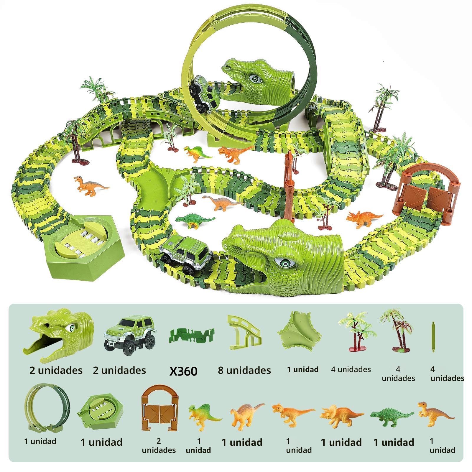 burgkidz Juego de Pistas De Carreras, 387 Piezas de Vías de Tren de Dinosaurios Flexibles con 2 Coches y 6 Juguetes de Dinosaurios para Niños