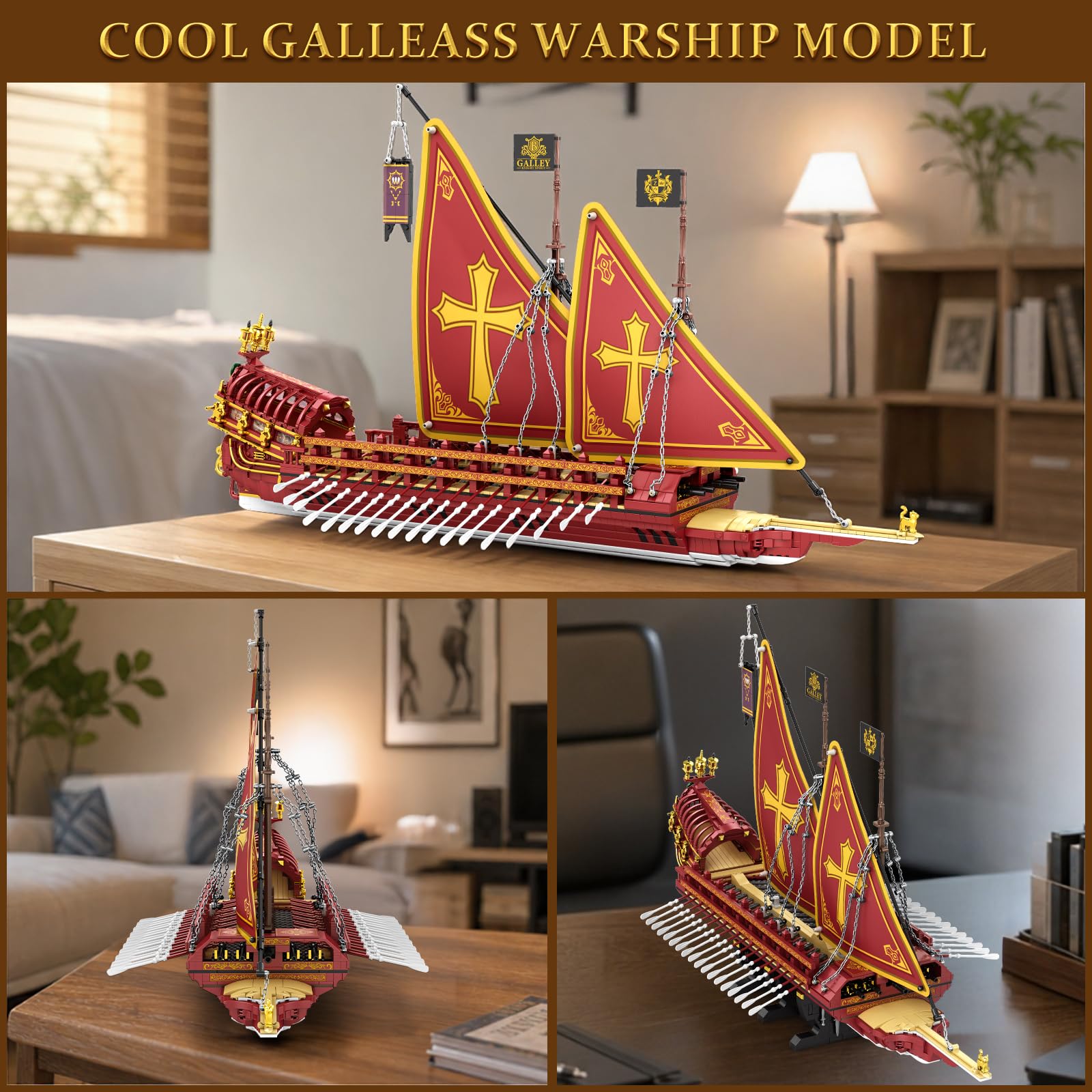 Reobrix Galley - Set di mattoncini da costruzione, modello di nave da guerra | Galeeren - Modellino di barca a vela per adulti, 3387 pezzi, 85 x 37 x 55 cm, set di mattoncini da costruzione