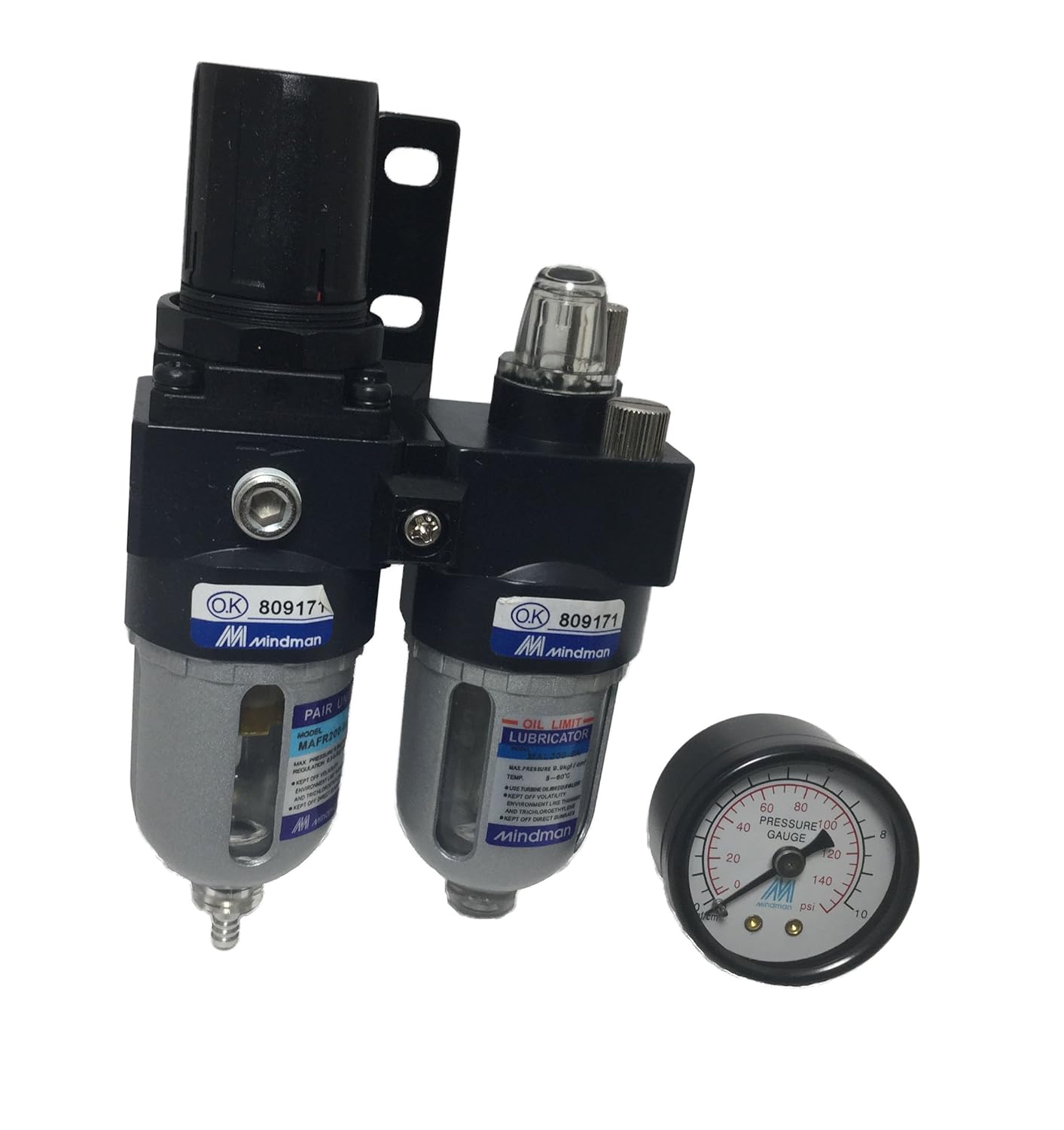 Mindman MACP200-6A-B-NPT air Filter Regulator Lubricator, 1/8 Port Size NPT, Manual Drain, 40 um Filter Element