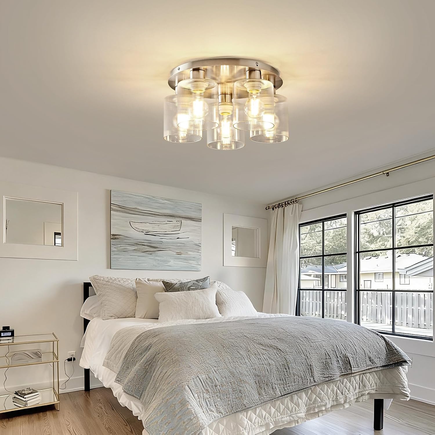 OKELI 5-Lights Semi Flush Mount Ceiling Light Kitchen Lighting Fixtures Ceiling Brushed Nickel Kitchen Cieling Light Fixtures with Clear Glass Shade for Dining Room Entryway Foyer Hallway