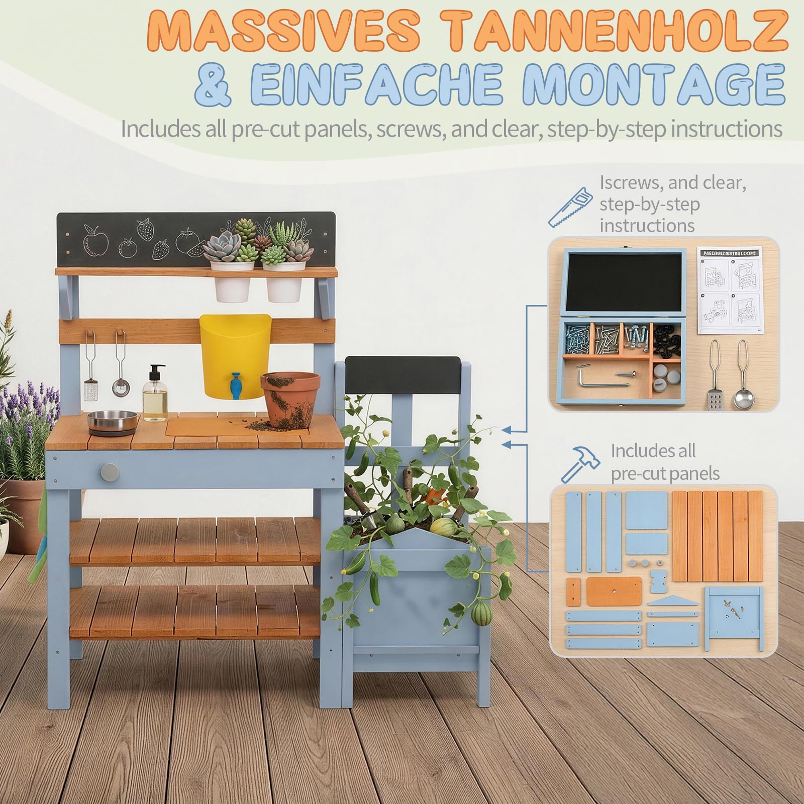 LEADZM Cuisine en Bois Enfant Extérieure avec Bac à Plantes, Jeux en Plein Air Cuisine avec Évier, Pots de Fleurs, Robinet, Cuisinière, Convient aux Enfants de 3 Ans et Plus, Bleue