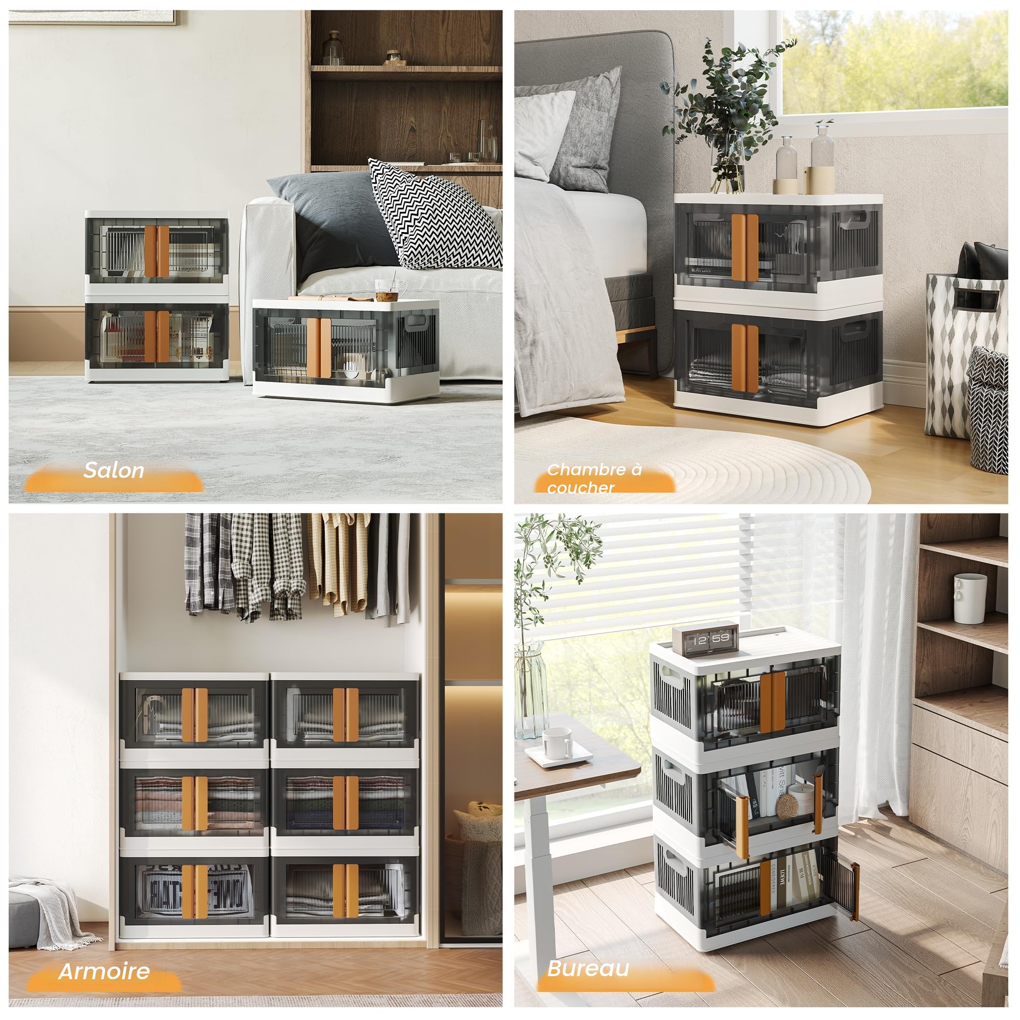 NETEL 4x 45L Empilable Boîte de Rangement avec Couvercle et Verrouillable Porte, Pliable Bac de Rangement Plastique avec Roulettes, Grande Caisse Rangement Organisateur pour Cuisine, Salon et Chambre