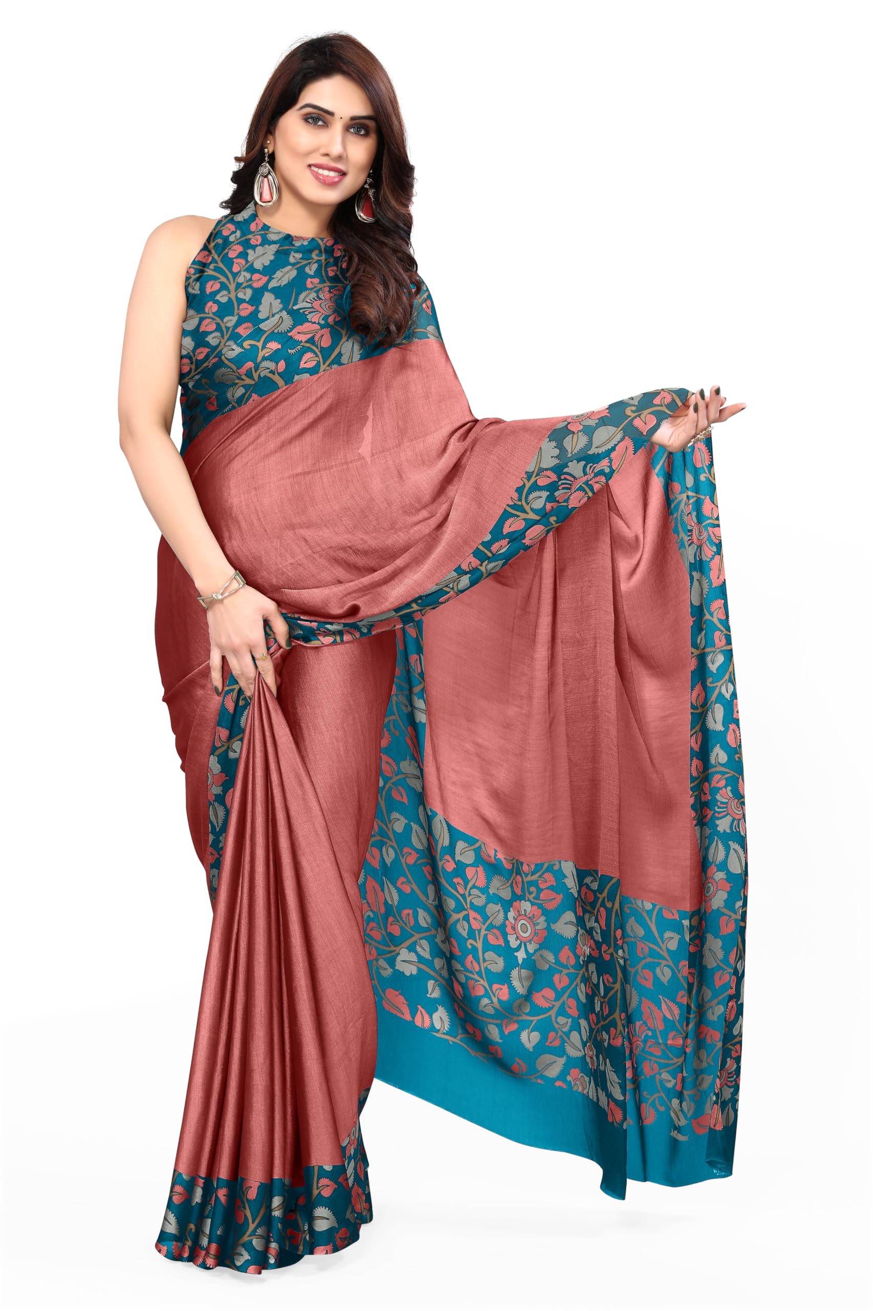 MIRCHI FASHIONWomen's Chiffon Ajrakh Border Pallu Pririnted Solid Saree with Blouse Piece