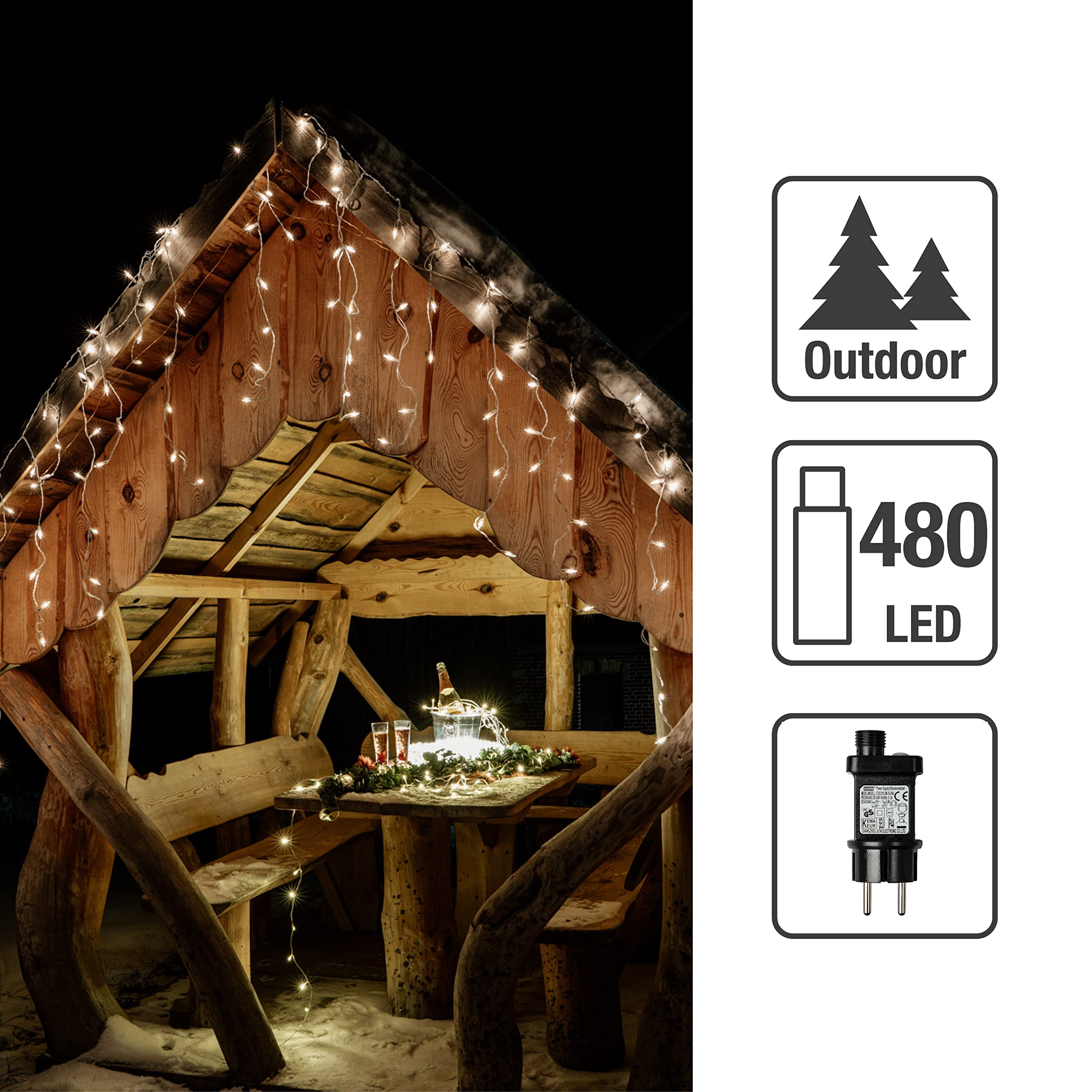hellum Lichterkette Außen, LED Eislichtvorhang, Lichtervorhang 11,90x0,53m beleuchtet, 480 LED Lichterkette Außen Weihnachten mit weißem Kabel 5m Zuleitung, Weihnachtsbeleuchtung <59lm 577747