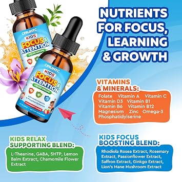 Kids Focus and Attention Supplements with Phosphatidylserine, Omega-3, Magnesium Glycinate & L-Theanine, Brain Vitamins Liquid Drops for Kids Memory, Cognitive, Sleep, Calm & Mood, Strawberry, 4 Fl Oz