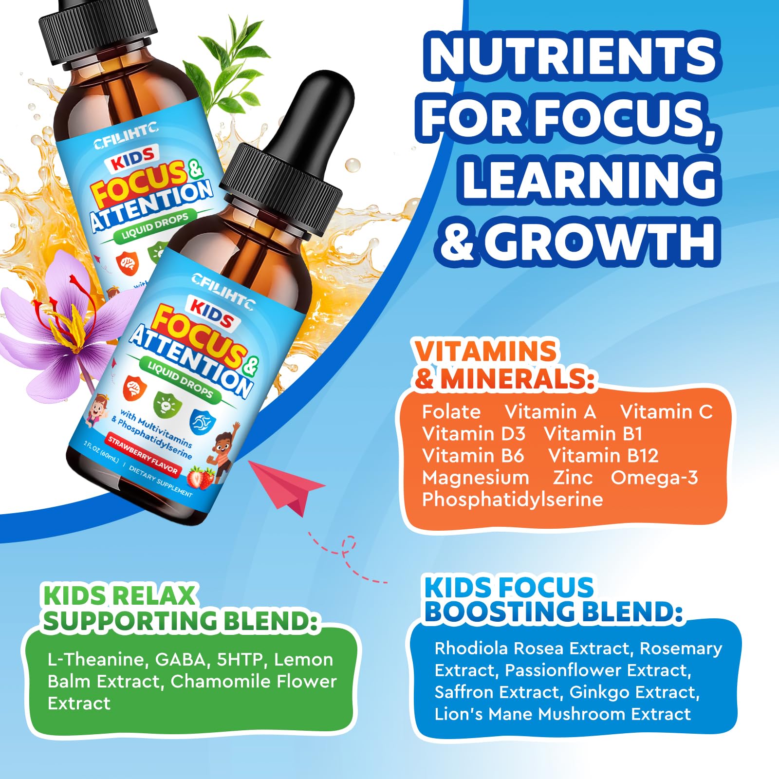 Kids Focus and Attention Supplements with Phosphatidylserine, Omega-3, Magnesium Glycinate & L-Theanine, Brain Vitamins Liquid Drops for Kids Memory, Cognitive, Sleep, Calm & Mood, Strawberry, 2 Fl Oz — Amazon image 3