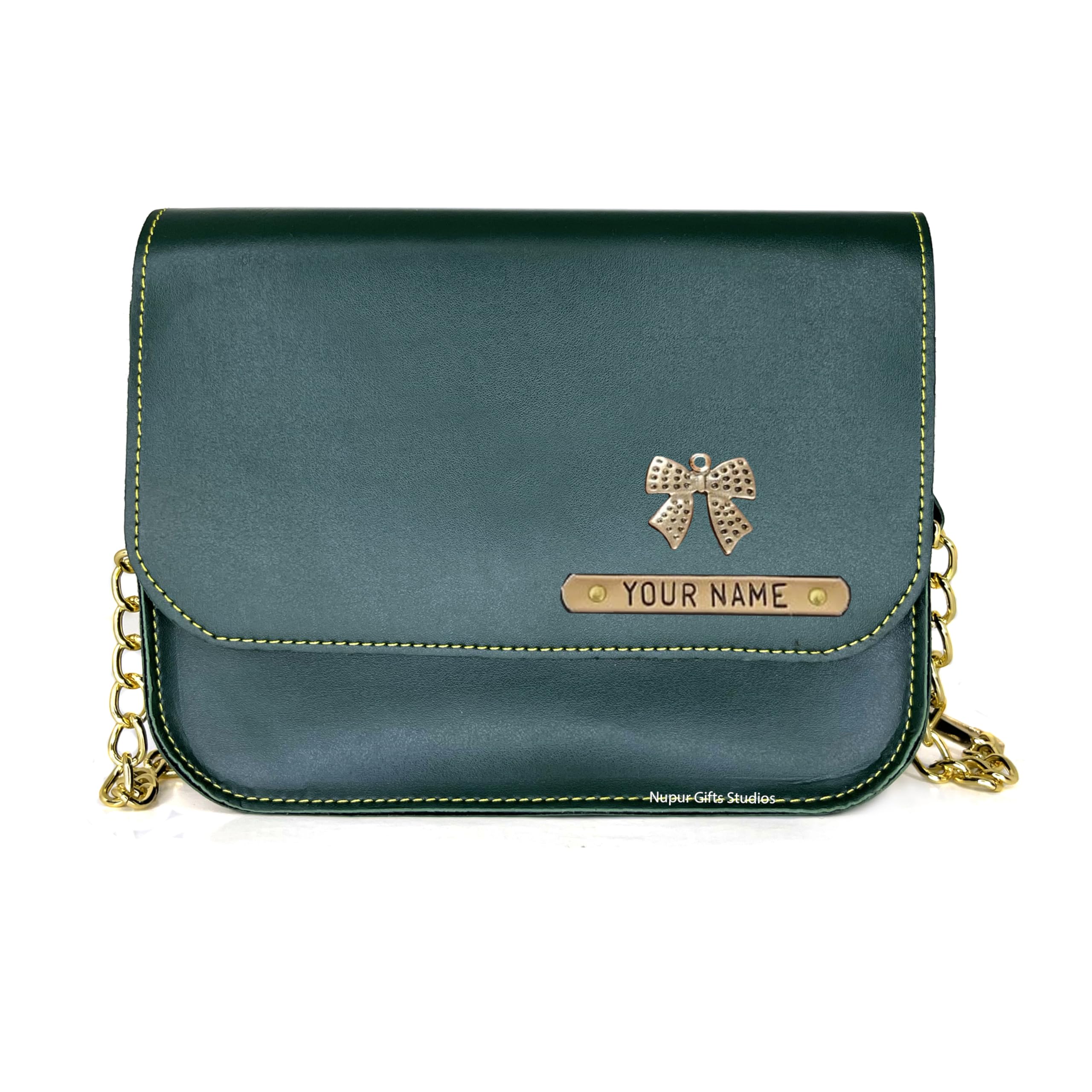 Nupur Studios Personalized Women’s Chain Sling Bag | Leather Crossbody Bag | Ideal Gift for Her | Customized Ladies Sling Bag with Name & Charm | Handbag for Women with Name (Olive Green)