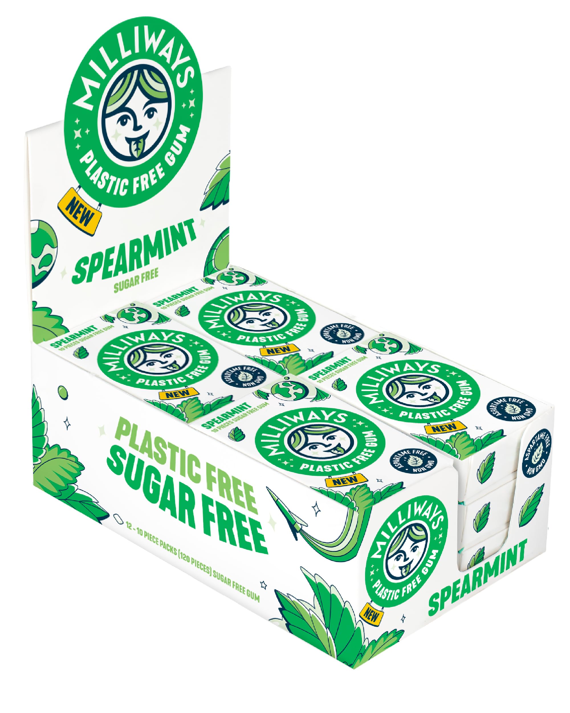 MilliwaysSpearmint | Plastic Free Gum | Xylitol, Aspartame-Free, Sugar-Free, Plant-Based, Natural Chewing Gum | 120 Pieces Total (12 Packs of 10 Pieces)