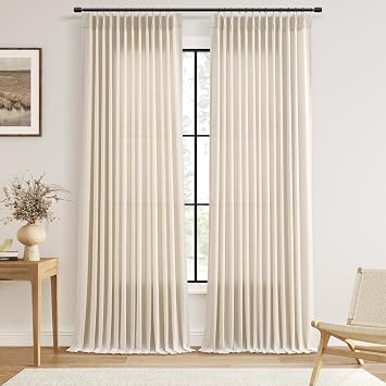 Extra Wide Pinch Pleated Linen Curtains 70 Inch Wide for Patio Sliding Glass Door Natural Cream Beige 90 Inches Long Light Filtering Drapes with Hooks Rings Back Tab for Living Room 2 Panels 70x90