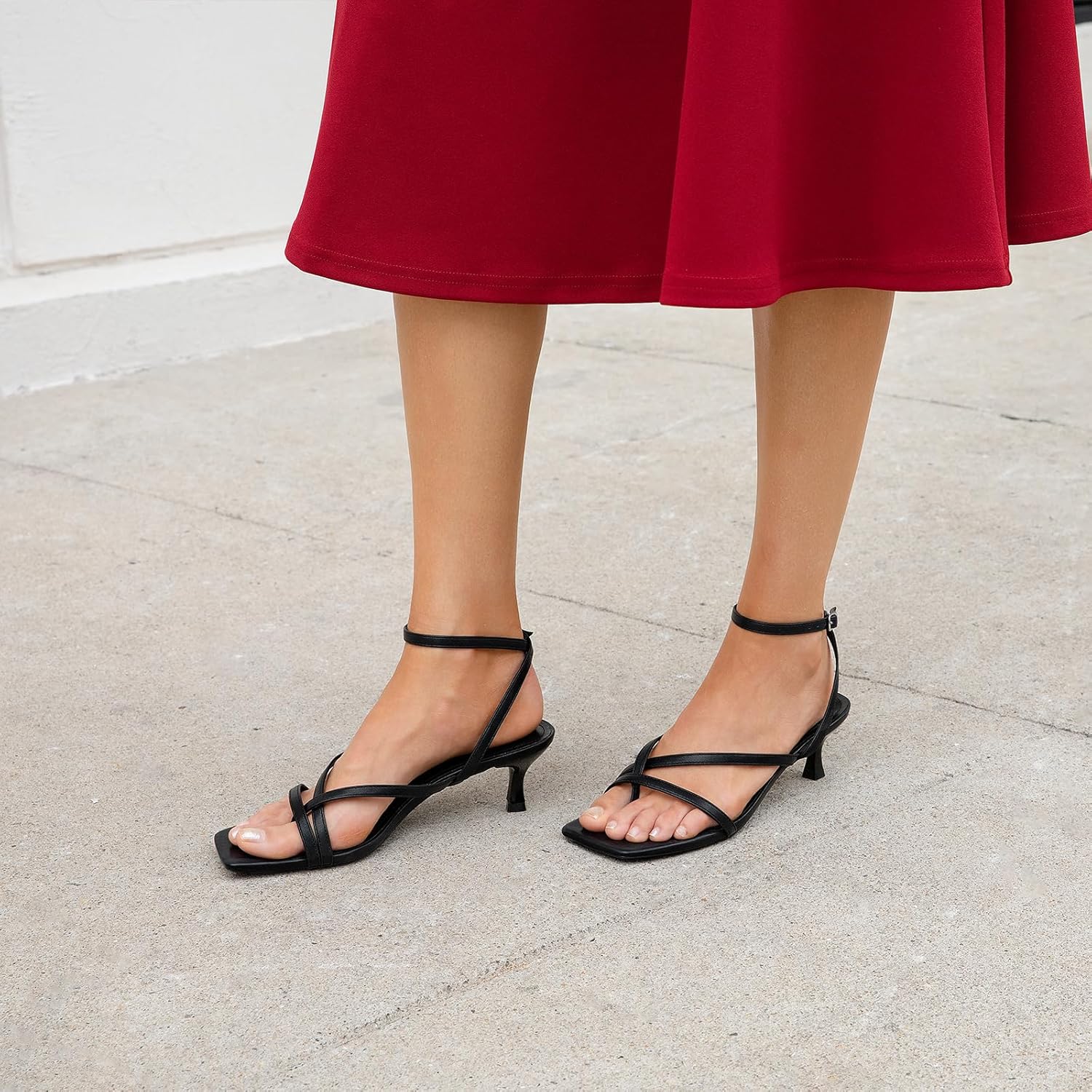 Athlefit Women's Strappy Kitten Heels Square Toe Flip Flops Low Heels Ankle Strap Party Dress Thong Heeled Sandals - Image 2